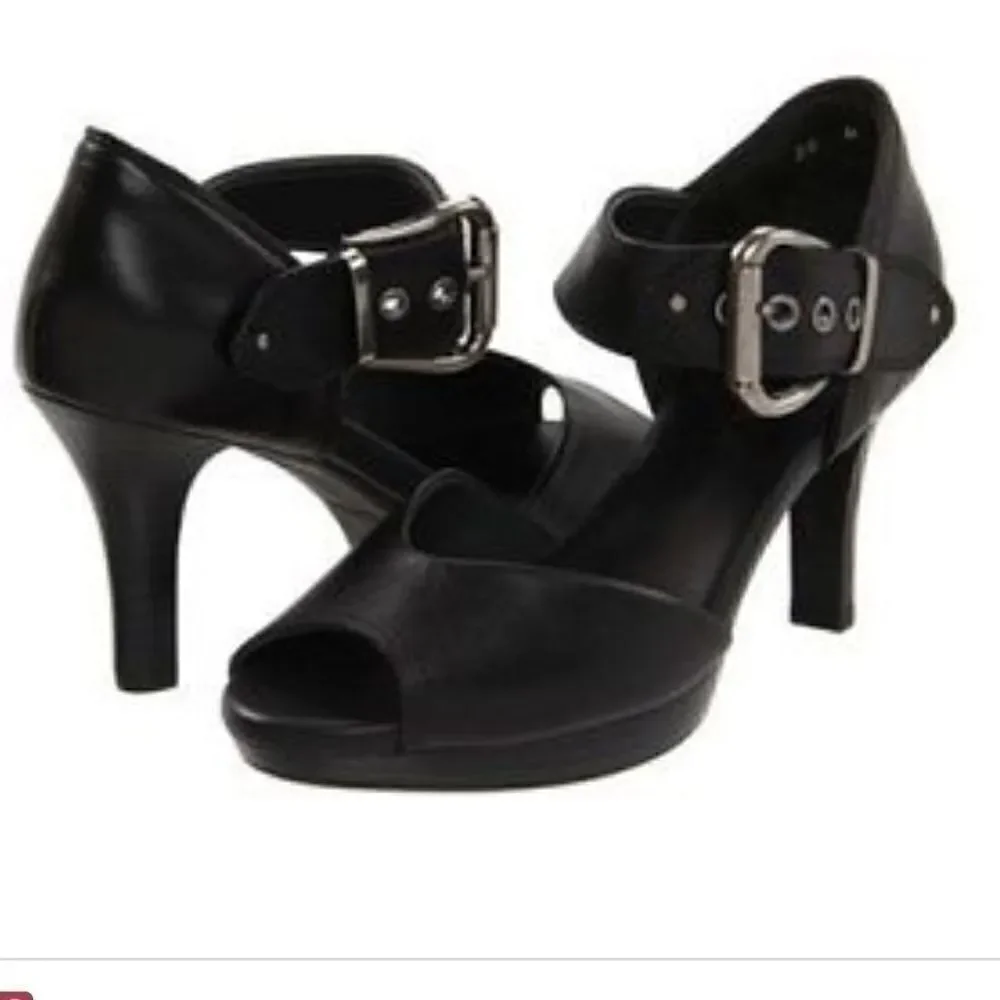 Leather oversized buckle strap peep toe heels! EXTREME COMFORT